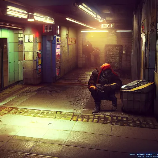 Prompt: abandoned subway homeless slum low light. Cyberpunk 2077. CP2077. 3840 x 2160