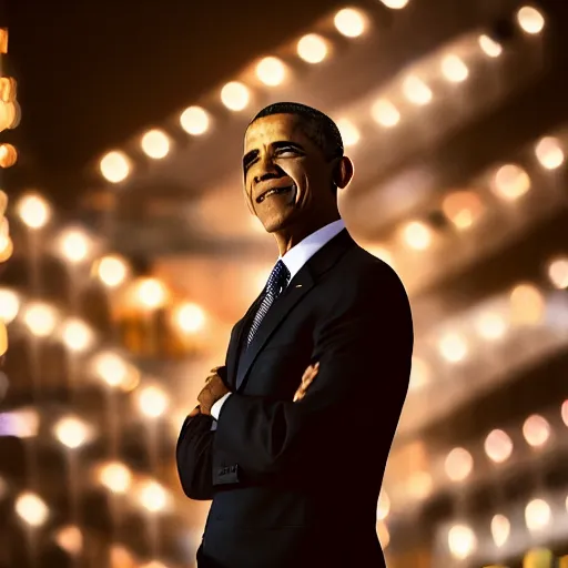 Image similar to a still of Barak Obama. Shallow depth of field. City at night in background, lights, colors ,studio lighting, mood, 4K. Profession photography