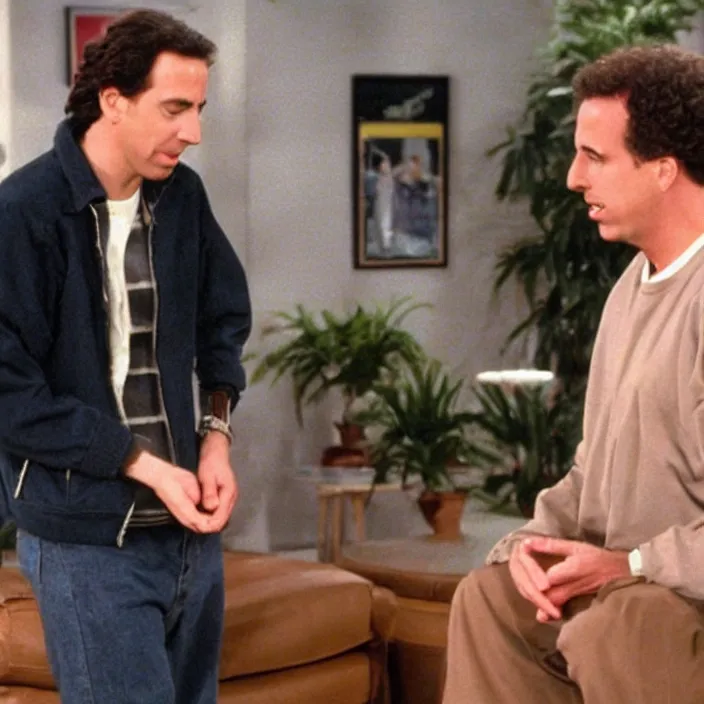 Prompt: Photo still of Jesus Christ in 1990s clothing talking with young Jerry Seinfeld, in the style of the TV show Seinfeld (1994)