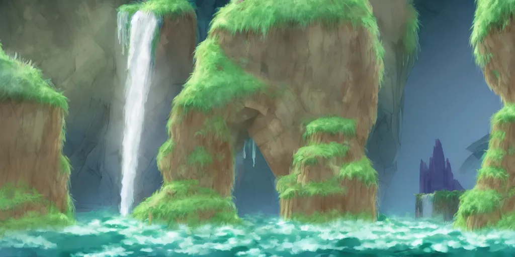 Image similar to a cell - shaded studio ghibli concept art study of a dimensional portal doorway with a waterfall flowing out it in a flooded monument valley stonehenge temple jungle. very dull colors, hd, 4 k, hq