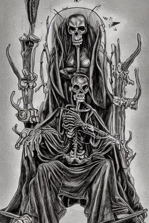 Prompt: grim reaper sitting in a throne, surrounded by your other personalities, by ed ( big daddy ) roth