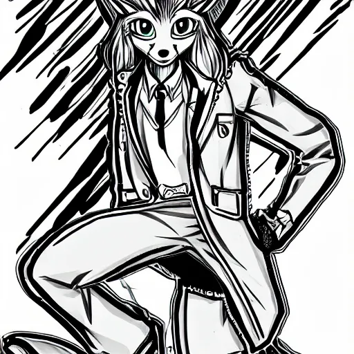 Image similar to close up of a male anthropomorphic fox furry with long hair, in the style of JoJo’s Bizarre Adventure, key manga ink line art