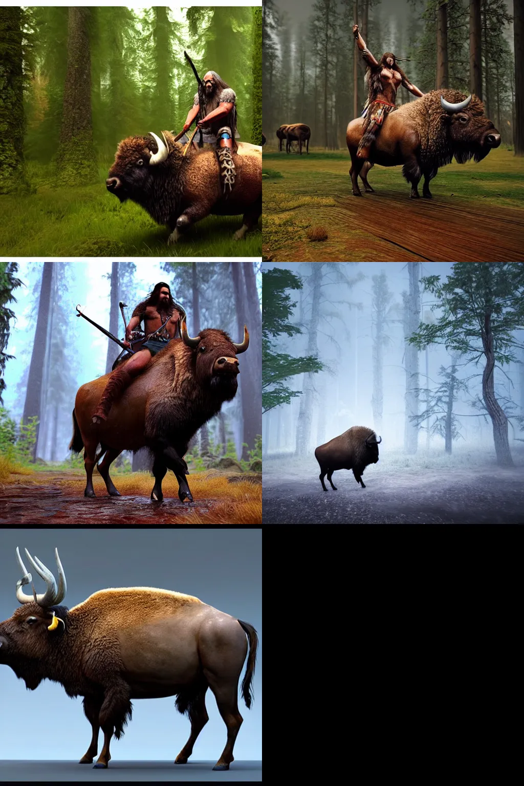 Prompt: 3d rendering of a Native American Viking riding a bison on a rainy rainy Forrest, unreal engine 5, high definition