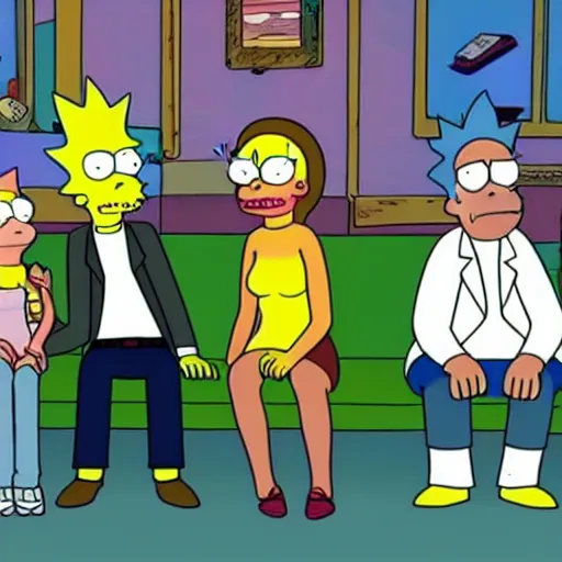 Image similar to Rick & Morty starring in the simpsons couch-gag