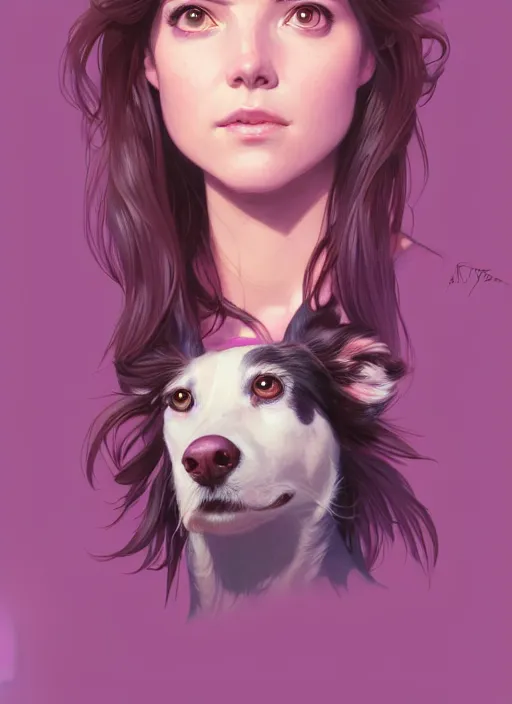 Prompt: Portrait of Kate Bishop and Lucky the Pizza Dog, Marvel, Hawkeye, fantasy, symmetrical face, blush, intricate, cute, elegant, light purple mist, highly detailed, digital painting, artstation, concept art, matte, sharp focus, illustration, art by Artgerm and Greg Rutkowski and Alphonse Mucha