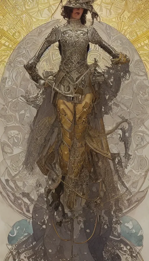 Image similar to soldiers in silver armor, highly detailed, very intricate, art nouveau, gold filigree, left right symmetry, tarot concept art watercolor illustration by mandy jurgens and alphonse mucha and alena aenami, featured on artstation