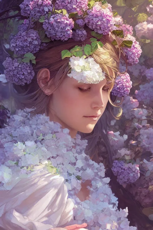 Prompt: Garden Hydrangea, D&D, fantasy, highly detailed, digital painting, artstation, concept art, sharp focus, illustration, art by artgerm and greg rutkowski and alphonse mucha