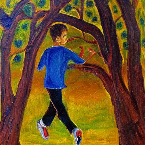 Prompt: “a boy running by a magic tree oil panting”