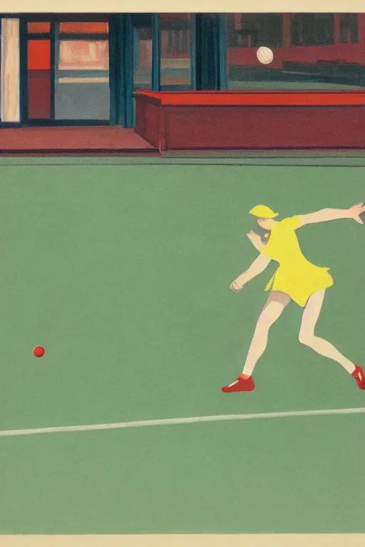 Prompt: an illustration of a tennis match by Edward Hopper. Screen Printed. Paper texture