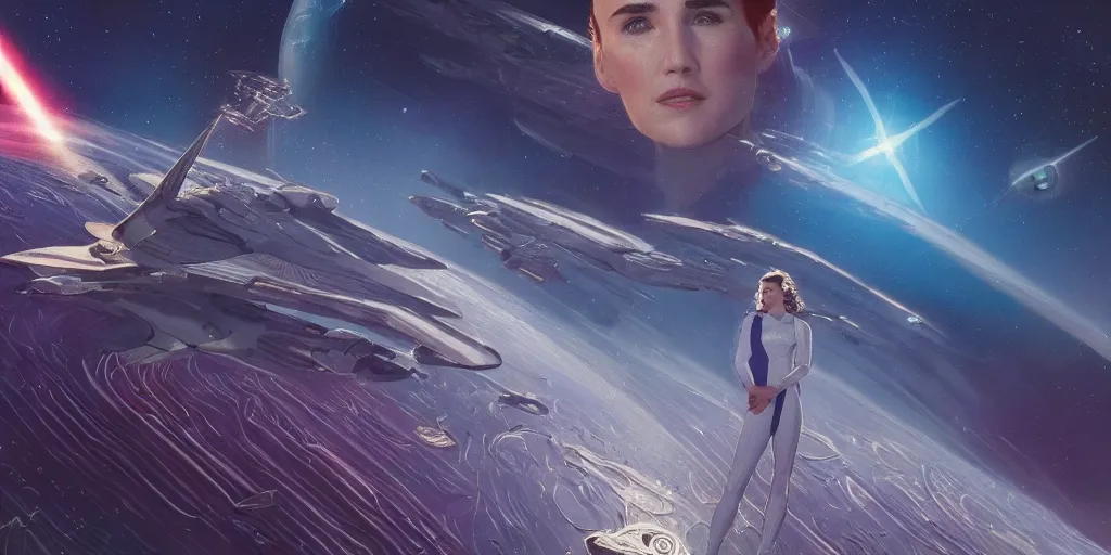 Image similar to Jennifer connelly as a stunning , beautiful retro SCI-FI space heroine 1985 , star ship taking off in the background on the left side , movie poster, intricate, elegant, highly detailed, centered, digital painting, trending on artstation, concept art, smooth, sharp focus, illustration, art by illustration, Unreal Engine 5, 8K, art by artgerm and greg rutkowski and alphonse mucha WLOP