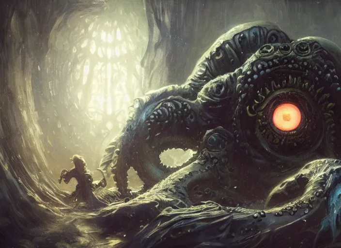 Prompt: my children bed with a giant cthulhu eyes in the dark by gaston bussiere, anna nikonova aka newmilky, greg rutkowski, yoji shinkawa, yoshitaka amano, tsutomu nihei, giger, donato giancola, geoffroy thoorens, trending on artstation, featured on pixiv, cinematic composition