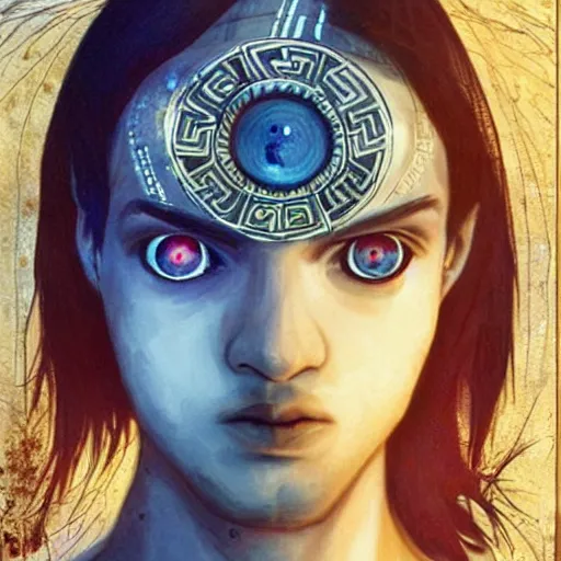 Image similar to greek god, three eyed, third eye in middle of forehead, wide shot, dry, in water, colors, eye in forehead, pins, very detailed, wet eyes reflecting into eyes reflecting into infinity, beautiful lighting