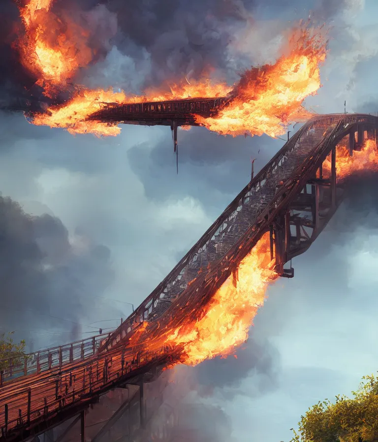 Image similar to a beautiful hyperrealistic detailed 3D render of a burning bridge, by Anton Otto Fischer, Atey Ghailan, genzoman, unreal engine, octane render, gigantic, 3D, brilliantly coloured, intricate, ultra wide angle, trending on artstation, embers, smoke, dust, dusk, volumetric lighting, HDR, polished, micro details, ray tracing, 8k