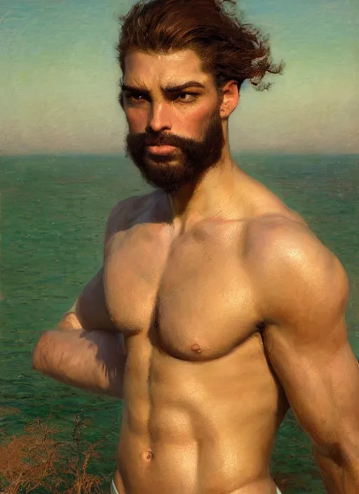 Prompt: detailed cinematic wide shot of muscular attractive young mulatto man beard slim face symmetrical face tanskin green eyes shaved hair wearing sea clothes, ultra realistic, spring light, painting by gaston bussiere, craig mullins, j. c. leyendecker