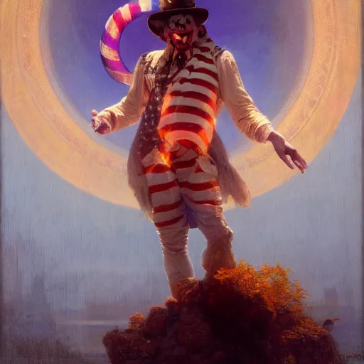 Image similar to uncle sam as a clown, radiant light, caustics, heroic, bright iridescent light, by gaston bussiere, bayard wu, greg rutkowski, maxim verehin