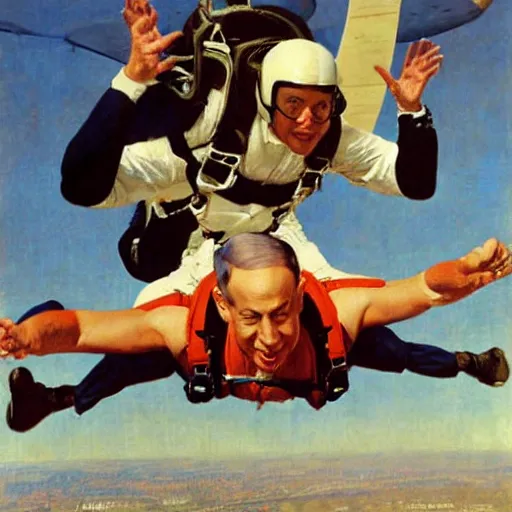 Image similar to benjamin netanyahu skydiving, plane and parachute in background, by norman rockwell, highly detailed, sharp faces