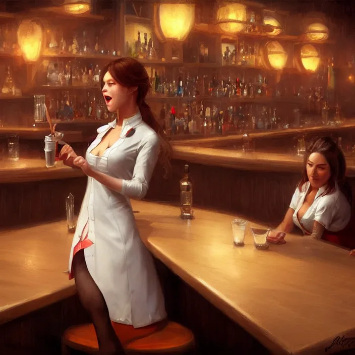 Image similar to a waitress singing on a table in a bar, elegant, real life skin, intricate artwork, high detailed, artstation, concept art, smooth, sharp focus, art by artgerm and greg rutkowski