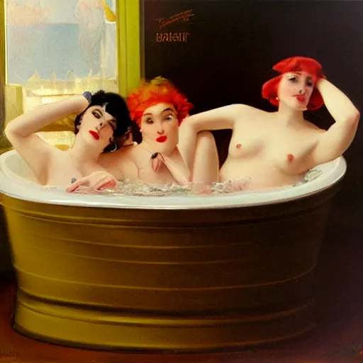 Image similar to three friends in a tub, art by edward mason eggleston, olivia, coby whitmore, rolf armstrong, wlop