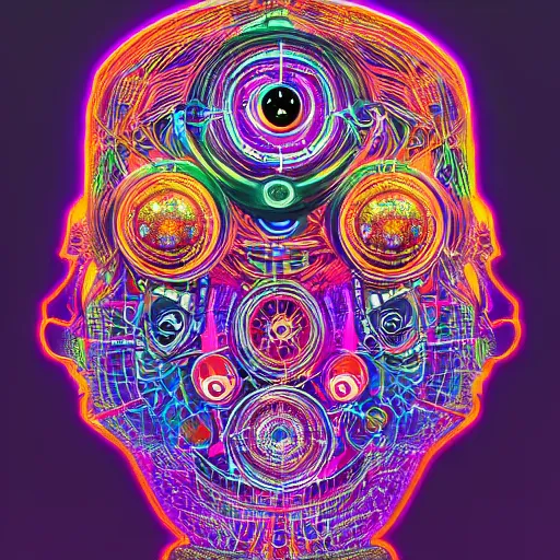 Image similar to hyperdetailed masterpiece portrait of a psychedelic steampunk robot head, covered in colorful glowing holy geometry and chakras, wearing multicolored tubes, 8 k, halluzinogenic, meditative, flourescent colors on black background, tshirt art