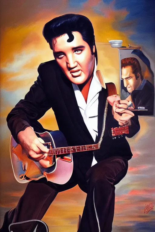 Image similar to elvis presley starring as jerry seinfeld on seinfeld, oil on canvas, intricate, portrait, 8 k highly professionally detailed, hdr, cgsociety