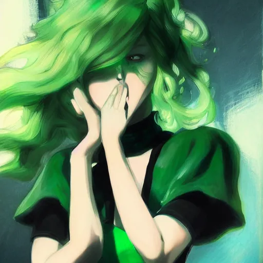 Prompt: painting of tatsumaki from one punch man, green hair, black dress, cool color palette, refreshing, soft lighting, highly detailed, digital painting, by cushart krenz, by makoto shinkai