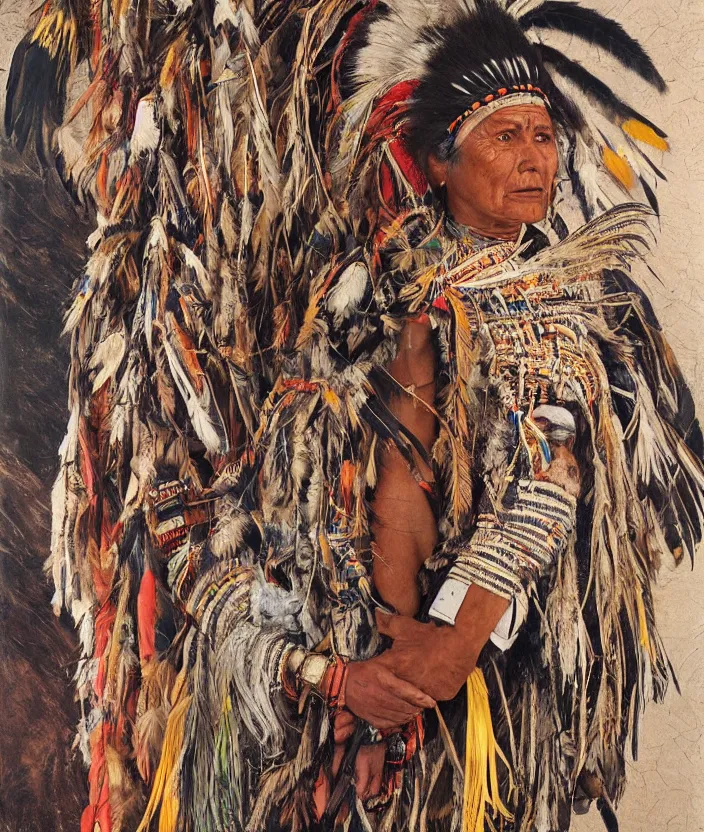 Image similar to full body shot picture of indigenous people woman leader in canyon, painted by lucian freud, intricate costume design, beautiful feathers, hd, super detailed, realistic, muted colors