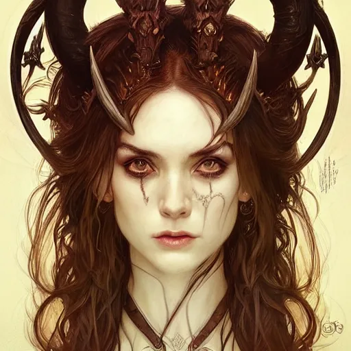 Image similar to a beautiful illustration of a satanic witch with horns in head, intricate, sharp focus, illustration, highly detailed, digital painting, concept art, matte, art by wlop and artgerm and greg rutkowski and alphonse mucha, masterpiece