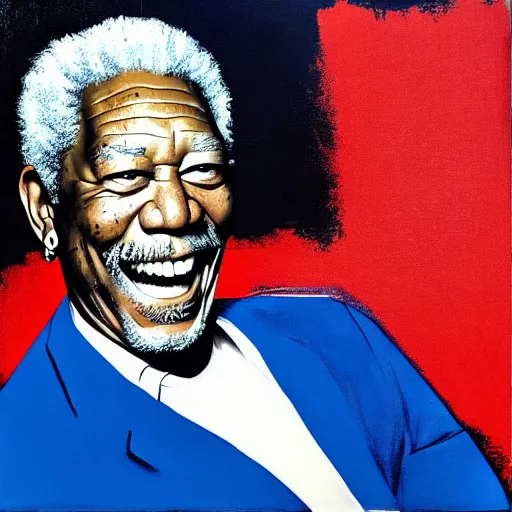 Image similar to a portrait of laughing Morgan Freeman . Tom's shoulders are in the frame. Tom looks sternly straight into the camera . painting in the style of Andy Warhol pop art