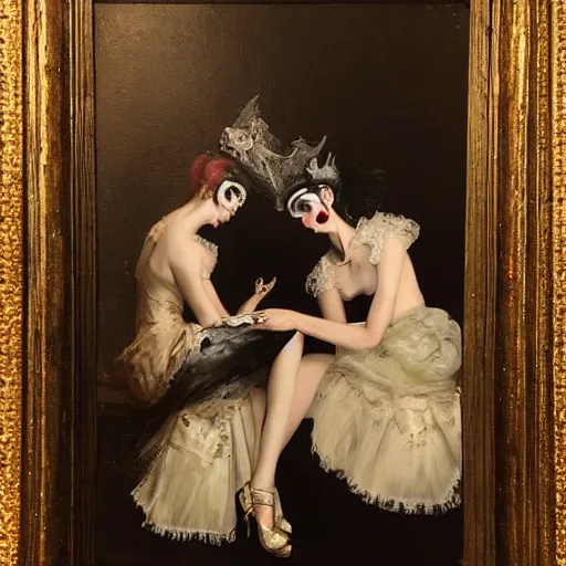 Prompt: by Michael Hussar , women in dress listening patiphon