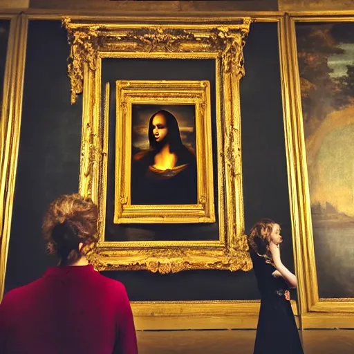 Image similar to shot from a distance, full room view, renaissance, rococo, manga, tonal, young lady, thin, dark hair, wearing flowing long babydoll - dress, flowers!, viewing the mona lisa painting inside the lourve