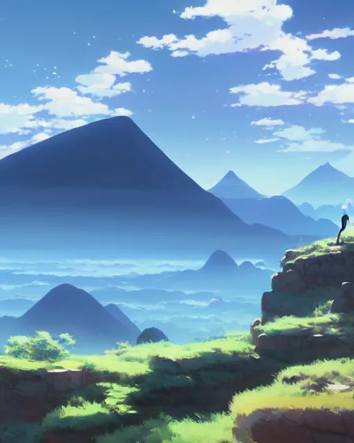 Image similar to blue rocky landscape, flat platue, mountains in the distance, a planet on the horizon, alien world, by makoto shinkai an krenz cushart