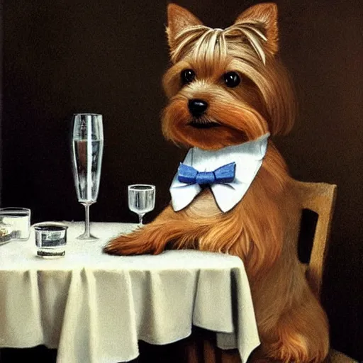 Image similar to a Yorkshire terrier at a bar wearing a bow tie, extremely detailed masterpiece, illustration, by Michael Sowa,