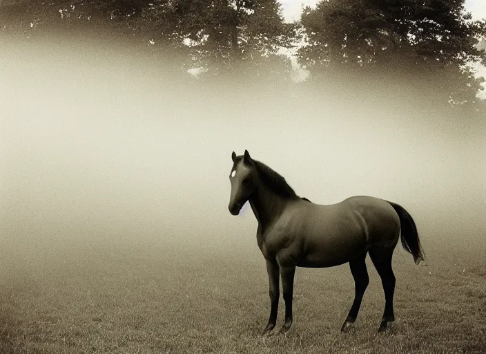 Image similar to an underexposed kodak 500 photograph of a horse with an insect head in the mist, muted color