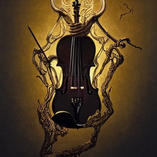Image similar to bold simple lifelike humanoid illustration of close low angle view of an ornate obsidian gothic violin interior with gold spidery embellishments, night, smoke, ground fog, by peter mohrbacher, by frank frazetta, by vincent di fate, large depth of field, super detailed, digital art, trending on artstation, ornate