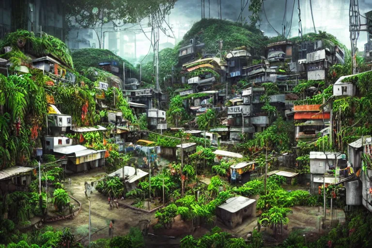 Prompt: favela winding cybernetic bunker, lush floral jungle environment, industrial factory, haunting, award winning art, epic dreamlike fantasy landscape, ultra realistic,