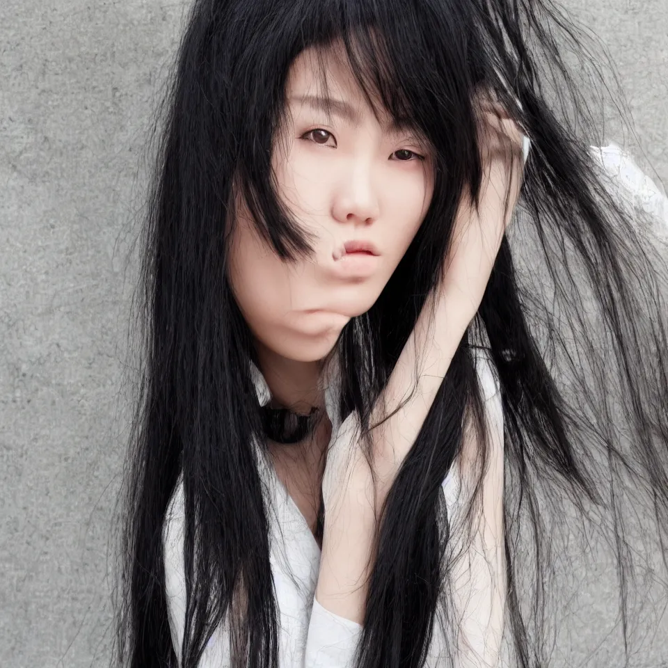 Image similar to a beautiful chinese girl, long black hair flowing, clear soulful eyes