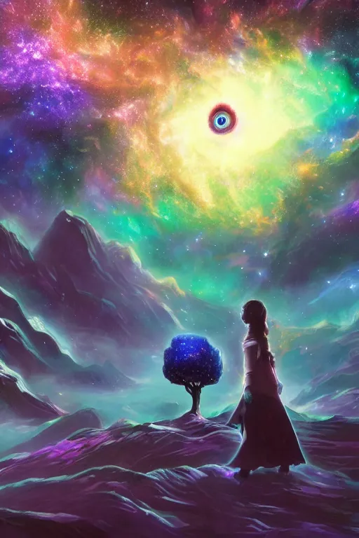 Prompt: galaxy bender experiencing the quantum field, elevated consciousness, beautiful astrological neural network, bob ross matte painting and tim burton comic book art, realistic, trending on artstation, sharp focus, depth of field, cinematic composition, physics splashes of colors, unreal engine galaxy tree