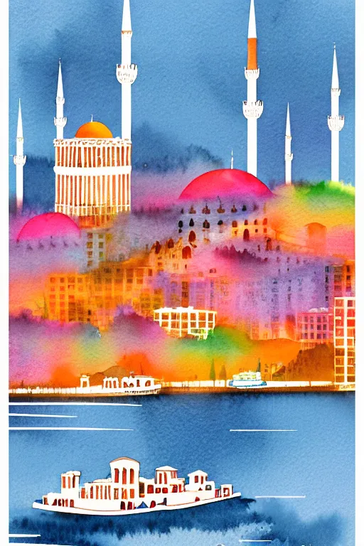 Prompt: minimalist colorful watercolor line art of istanbul, art deco, cityscape, matte drawing, poster art