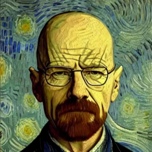 Image similar to walter white painted by van gogh, oil painting, intricate, stylized, painting