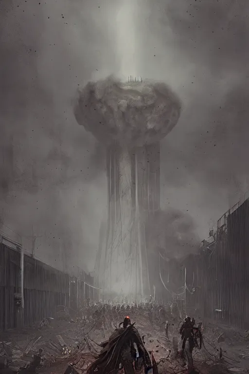 Image similar to The demons under the nuclear plant get released after an explosion and start terrorizing the families of people who work at the plant, horror, illustrated by Greg Rutkowski and Caspar David Friedrich., Trending on artstation, artstationHD, artstationHQ, 4k, 8k