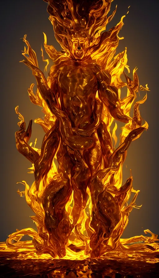 Prompt: a surreal painting of a god made of golden fire, octane renderer, unreal engine, 3 d hyper realistic, volumetric lighting