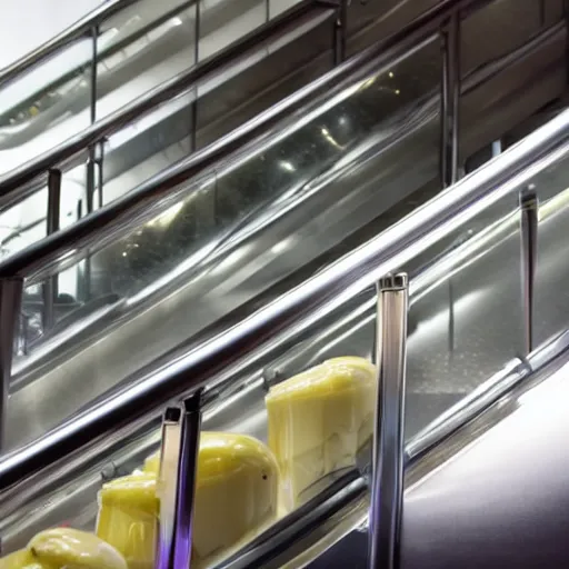 Image similar to a jar of mayonnaise on an escalator, photorealistic, 8 k