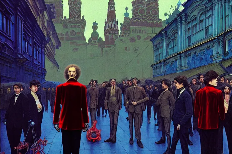 Image similar to realistic detailed photorealistic film portrait shot of a single skeleton wearing crimson velvet blazer in a crowded futuristic moscow street by Denis Villeneuve, Amano, Yves Tanguy, Alphonse Mucha, Ernst Haeckel, Andrei Tarkovsky, Edward Robert Hughes, Roger Dean, rich moody colours, wide angle, blue eyes