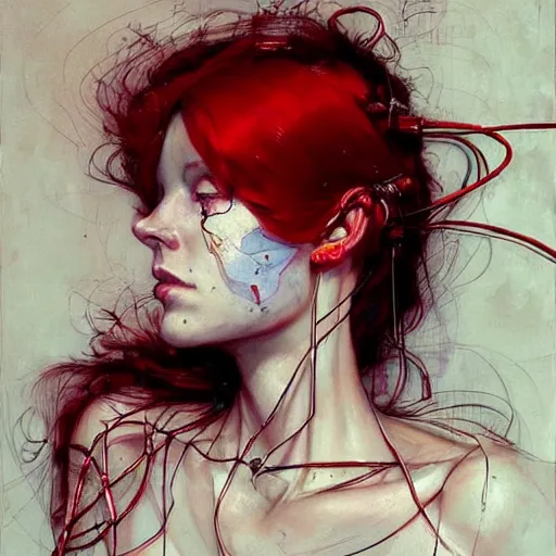 Image similar to beautiful redhead woman, cyberpunk dreams!, wires cybernetic implants!!, in the style of adrian ghenie, esao andrews, jenny saville, surrealism, dark art by james jean, takato yamamoto