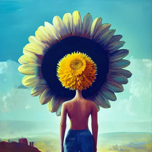 Image similar to giant daisy flower head, woman standing next to modern window in luxury loft, surreal photography, sunlight, impressionist painting, digital painting, artstation, simon stalenhag