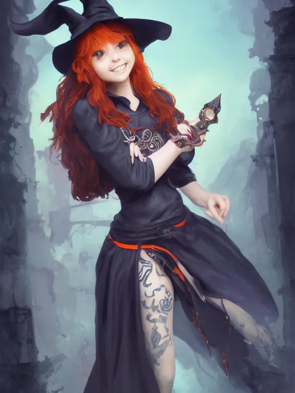 Image similar to Full shot of a mischievous young witch with a cute smile about to get up to some trouble. Latin inspired fashion. Black and Orange palette. Latina girl. From Encanto. By Ruan Jia and Artgerm and Range Murata and WLOP and CLAMP and Loish. Key Art. Fantasy Illustration. award winning, Artstation, intricate details, realistic, Hyperdetailed, 8k resolution.