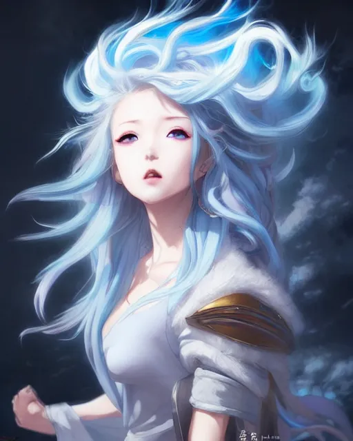 Image similar to character concept art of an anime thunderstormy cloud goddess of lightning | | cute - fine - face, pretty face, realistic shaded perfect face, fine details by stanley artgerm lau, wlop, rossdraws, james jean, andrei riabovitchev, marc simonetti, and sakimichan, seoul, south korea, trending on artstation