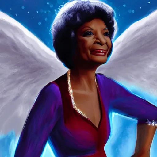 Image similar to nichelle nichols as a heavenly angel in cloud heaven photorealistic fantasy epic