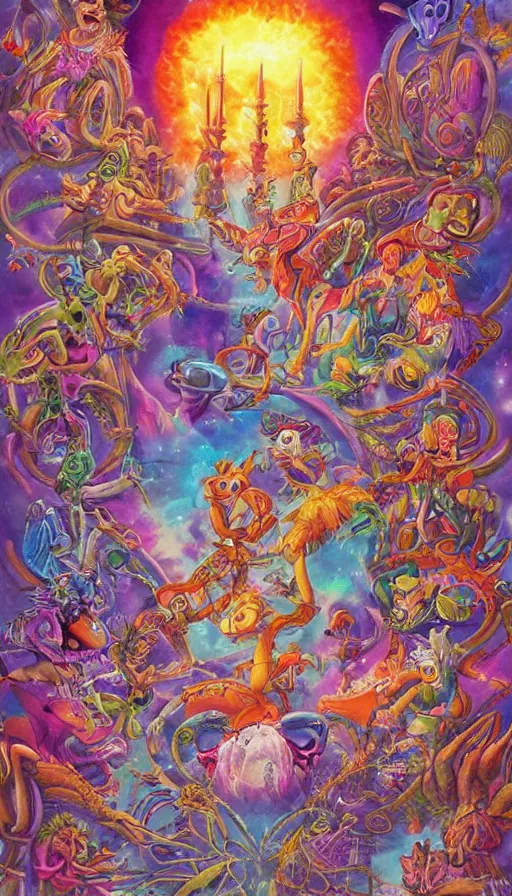 Prompt: psytrance artwork, by don bluth