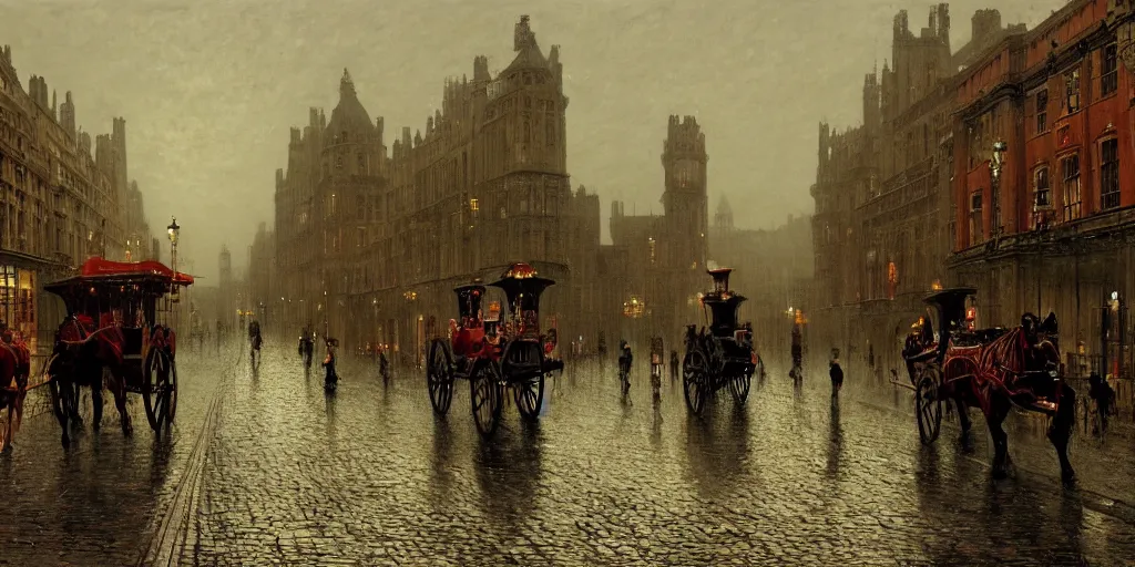 Prompt: Horse carriages on a Victorian city street on a rainy day in London, evening, low angle view, detailed matte painting, cinematic, John Atkinson Grimshaw, Artstation